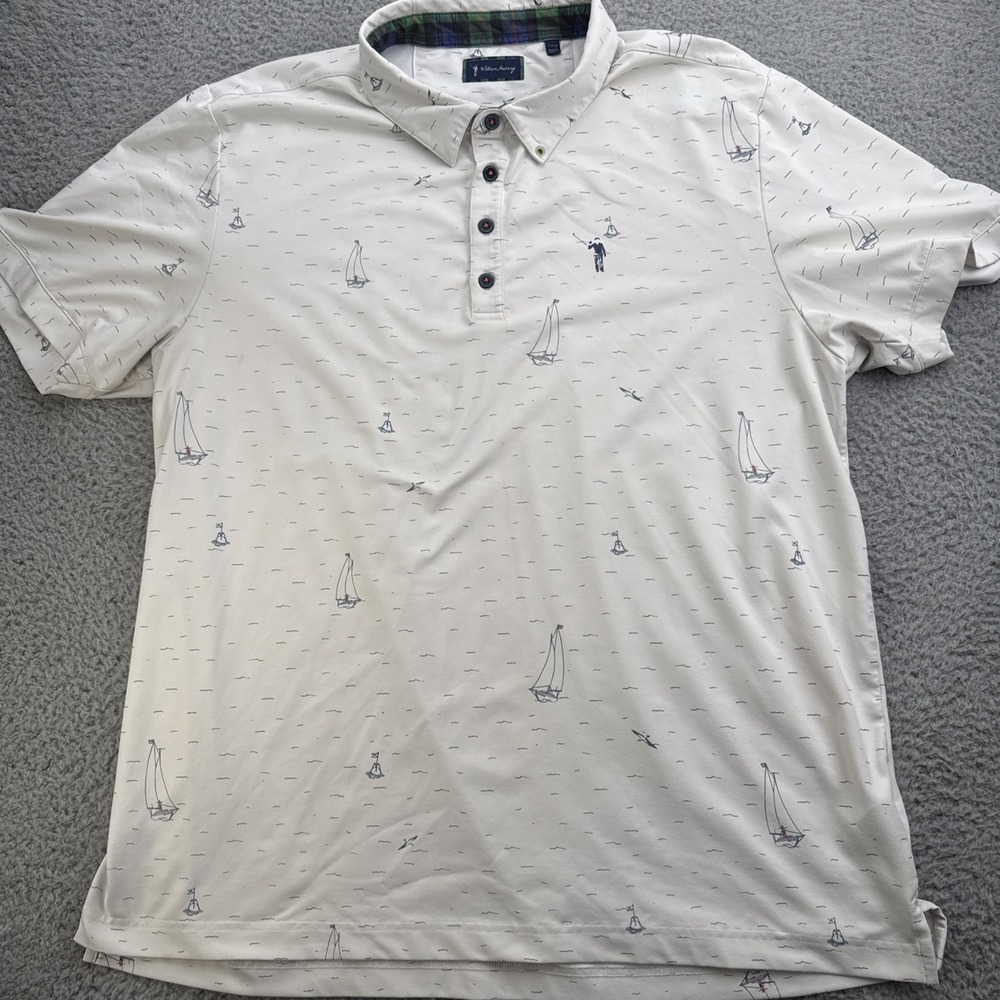 William Murray Golf Polo Shirt Mens XL White Printed Sailboats S/S Stretch